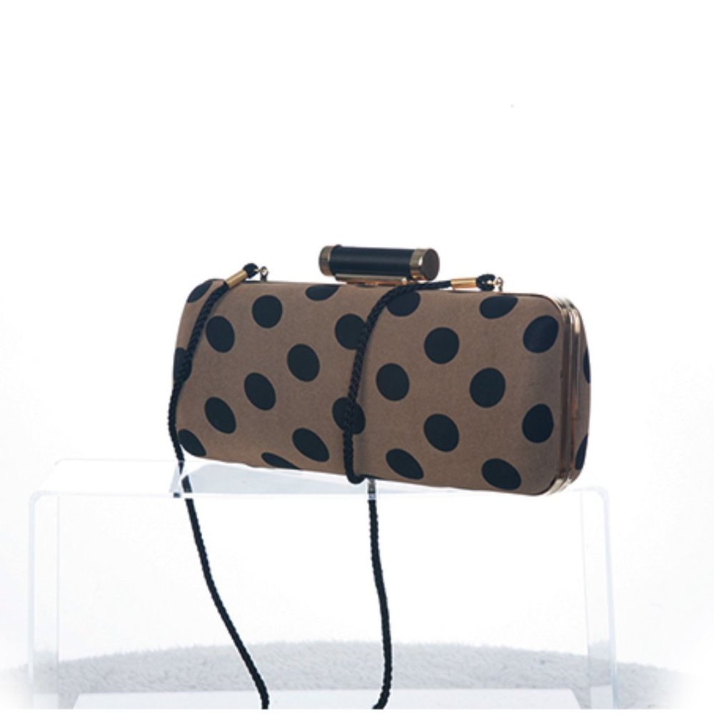 Kate Laundry Tan Crossbody or Clutch Purse w Large Black Dots